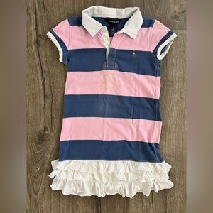 Ralph Lauren Pink and Blue Dress with White Collar and Ruffles Size 6